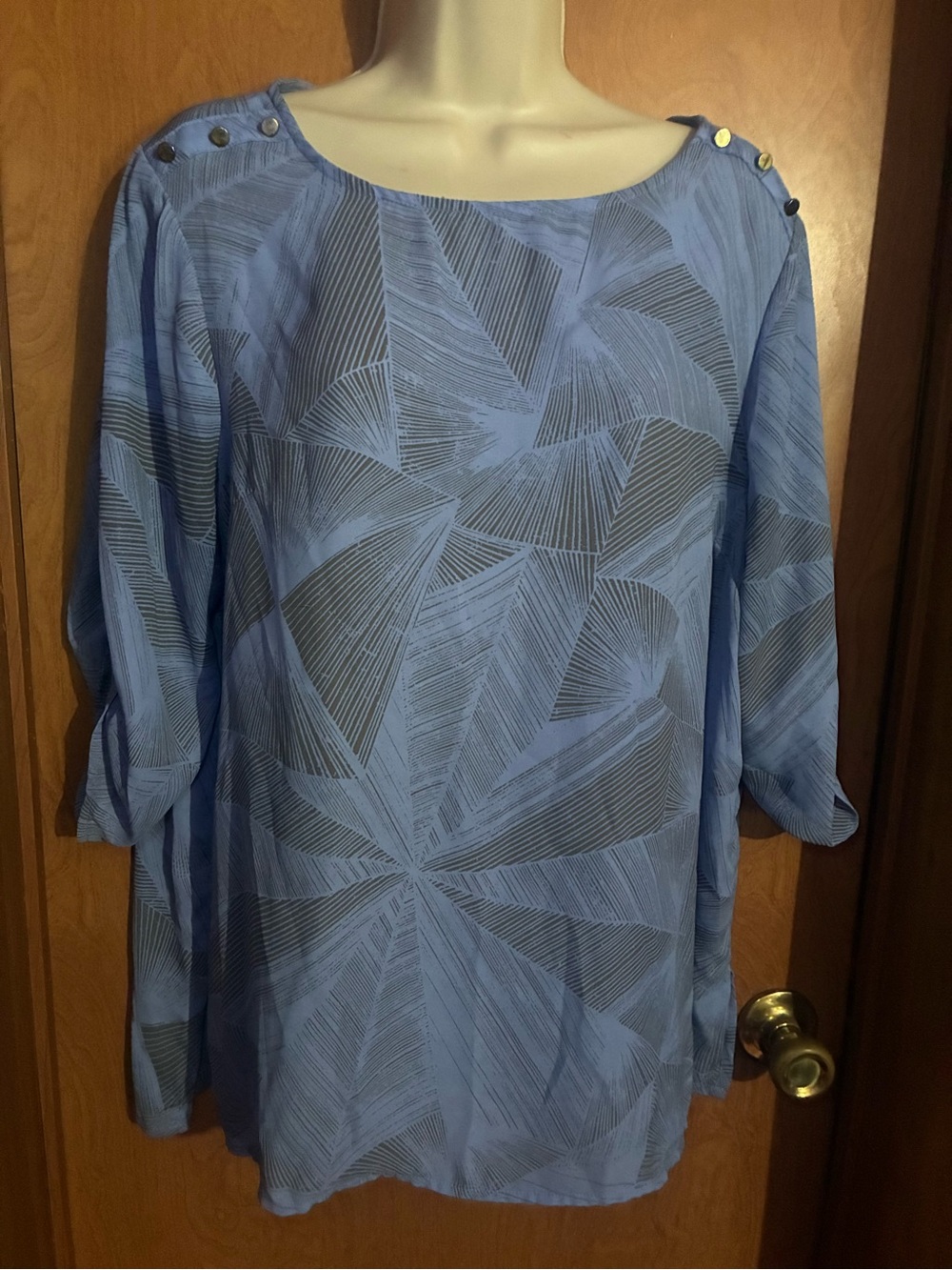 Light Blue Printed Boatneck Women's Top with Button Accents